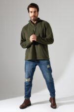 Erkek Hakim Yaka Kalın Sweatshirt Polar Kumaş Haki - Görsel 2