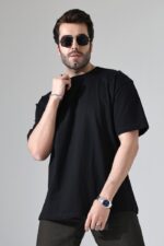Erkek Oversize Yaka T-Shirt Kaşkorseli Kısa Kol Siyah - Görsel 2