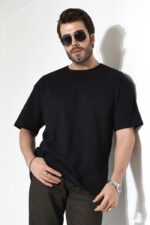 Erkek Oversize Yaka T-Shirt Kaşkorseli Kısa Kol Siyah