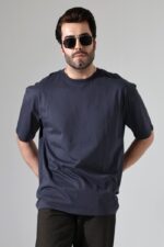 Erkek Oversize Yaka T-Shirt Kaşkorseli Kısa Kol Füme - Görsel 3