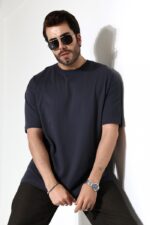 Erkek Oversize Yaka T-Shirt Kaşkorseli Kısa Kol Füme