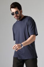 Erkek Oversize Yaka T-Shirt Kaşkorseli Kısa Kol Füme - Görsel 2