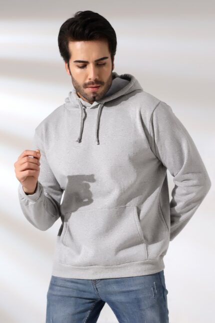 Erkek Kapüşonlu Sweatshirt 2 İplik Şardonlu Gri-melanj