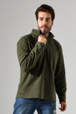 Erkek Hakim Yaka Kalın Sweatshirt Polar Kumaş Haki - Görsel 3