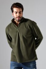 Erkek Hakim Yaka Kalın Sweatshirt Polar Kumaş Haki