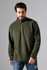 Erkek Hakim Yaka Kalın Sweatshirt Polar Kumaş Haki - Görsel 4
