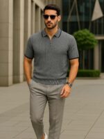 Erkek Triko T-shirt Regular Örme Gri