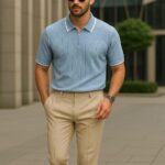 Erkek Triko T-shirt Regular Örme Bebek Mavisi