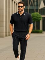 Erkek Triko T-shirt Regular Örme Siyah