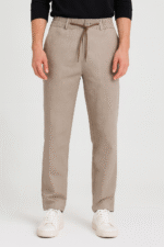 LİKRALI ESNEK PANTOLON KETEN GÖRÜNÜMLÜ İPLİ KREM