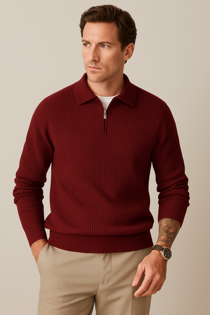 POLO YAKA TRİKO KAZAK KALIN REGULAR ERKEK BORDO - Görsel 2