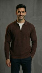 Artizm Yarım Fermuarlı Polo Yaka Kazak Koyu Kahve - Görsel 2