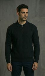 Artizm Yarım Fermuarlı Polo Yaka Kazak Siyah