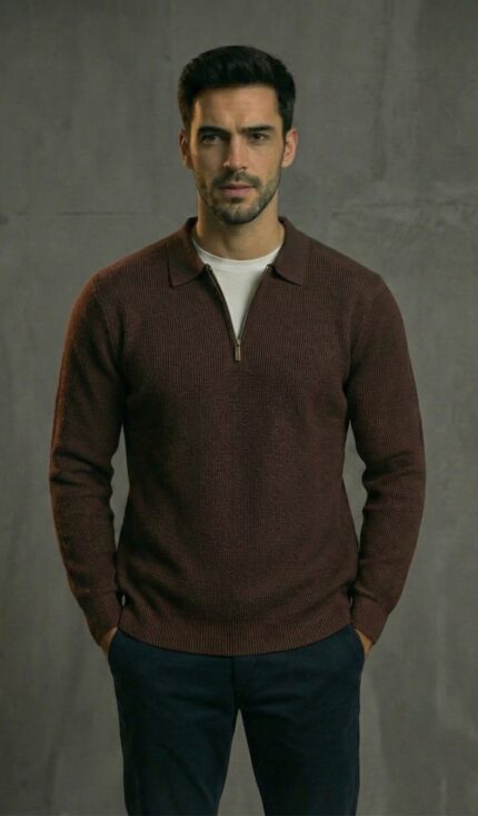 Artizm Yarım Fermuarlı Polo Yaka Kazak Koyu Kahve